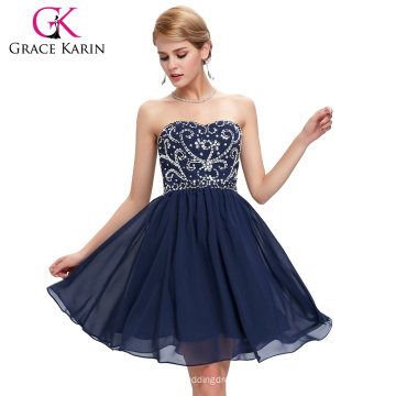 Grace Karin Sexy Damas sin tirantes con cuentas de gasa corta vestido de dama de honor azul marino 2015 CL6049-1